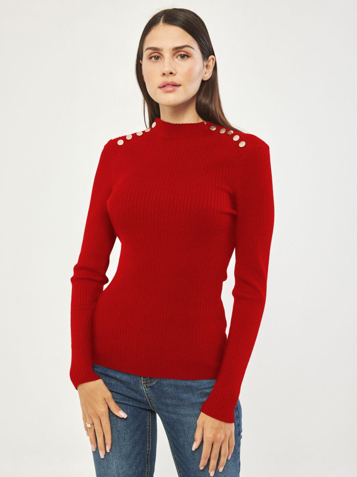 סריג חצי גולף כפתורי זהב PROMO בצבע אדום מלבורו