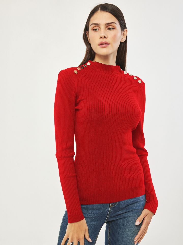 סריג חצי גולף כפתורי זהב PROMO בצבע אדום מלבורו