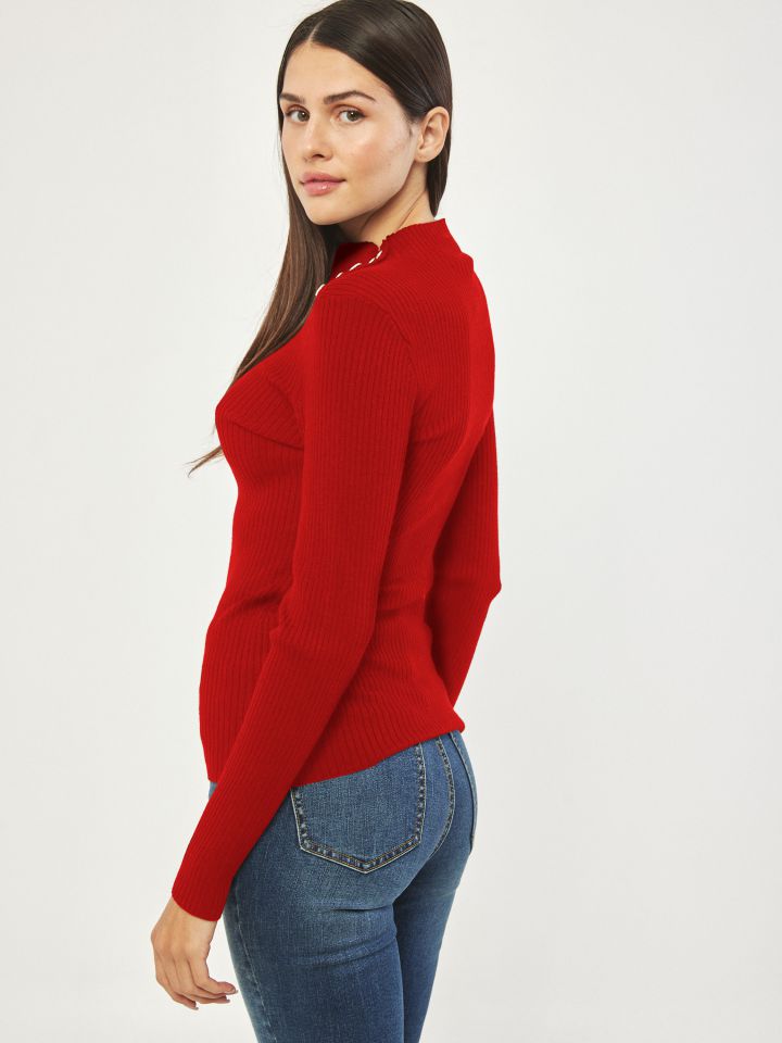 סריג חצי גולף כפתורי זהב PROMO בצבע אדום מלבורו