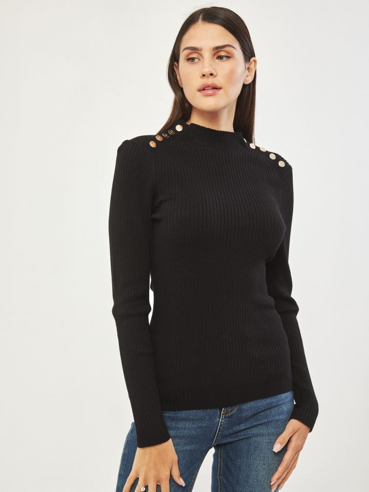 סריג חצי גולף כפתורי זהב PROMO בצבע שחור