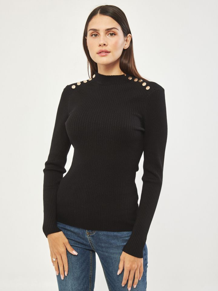 סריג חצי גולף כפתורי זהב PROMO בצבע שחור