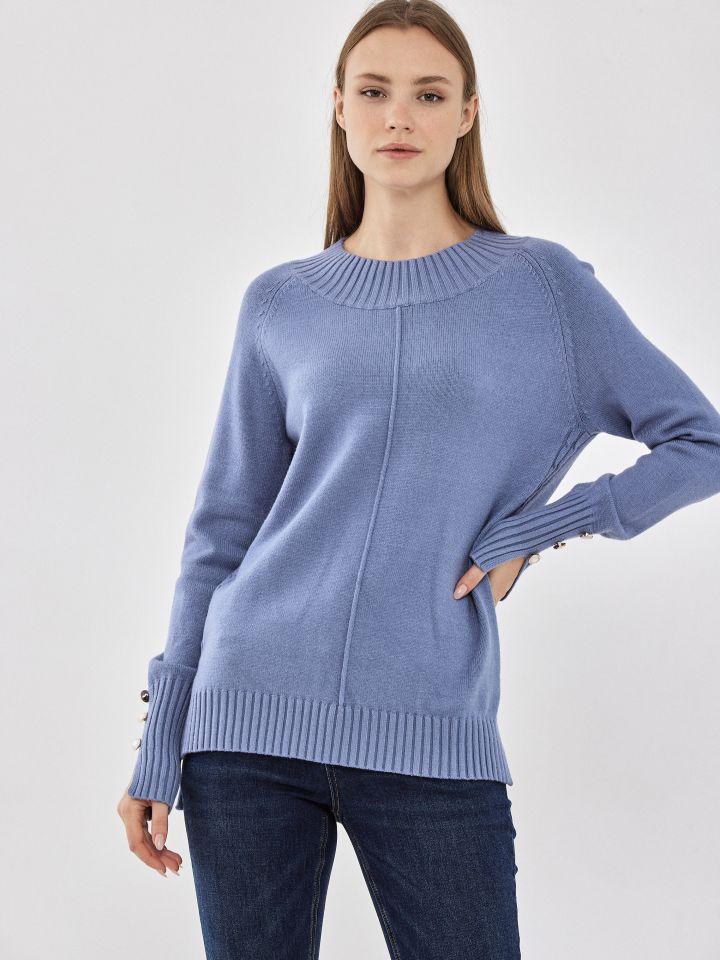 סריג חצי גולף כפתורים בשרוול בצבע תכלת