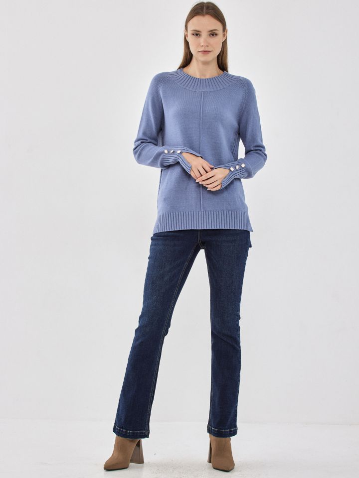 סריג חצי גולף כפתורים בשרוול בצבע תכלת