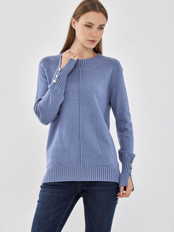 סריג חצי גולף כפתורים בשרוול בצבע תכלת