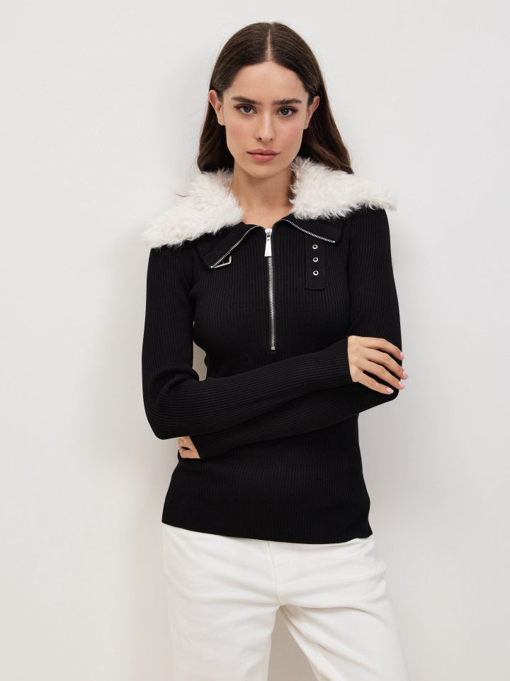 סריג רוכסן צוארון בצבע שחור