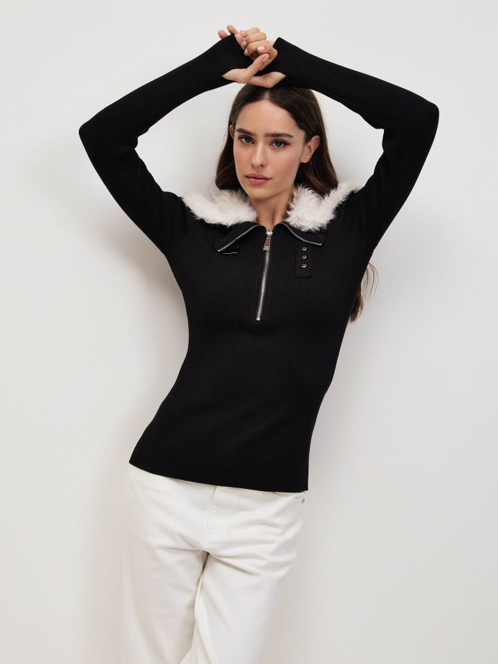 סריג רוכסן צוארון בצבע שחור