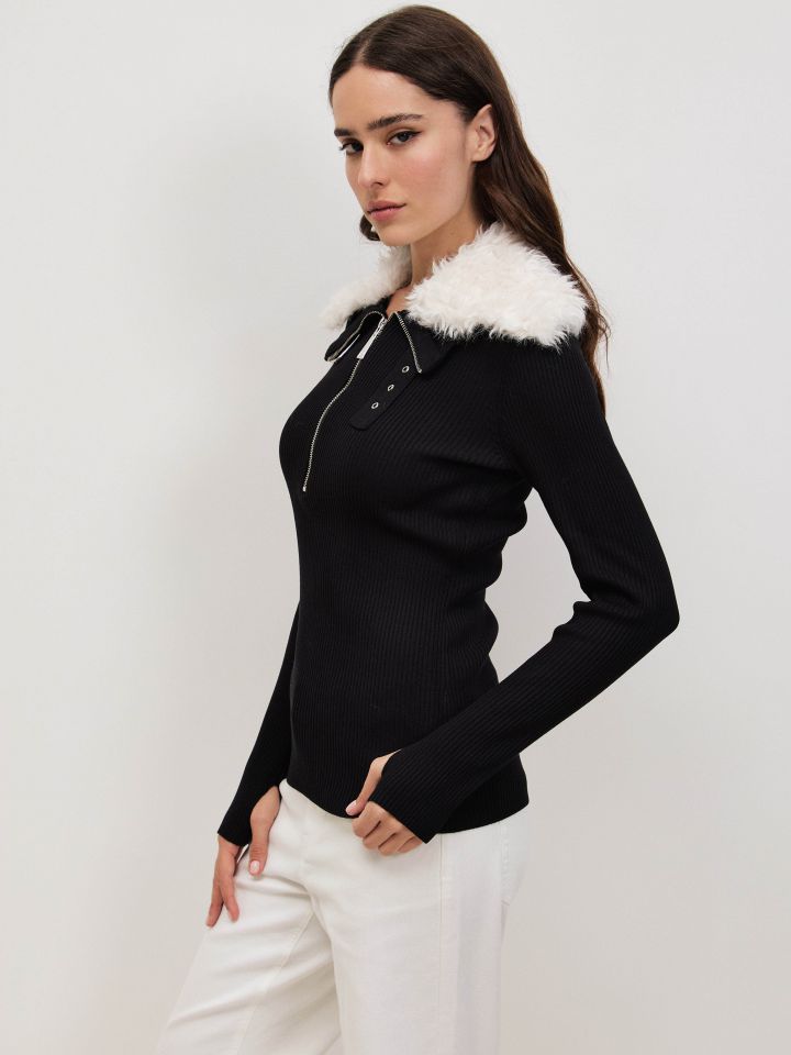 סריג רוכסן צוארון בצבע שחור