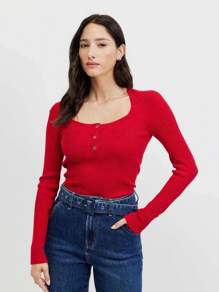 סריג מחשוף כפתורים PROMO בצבע אדום מלבורו