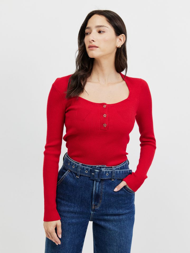 סריג מחשוף כפתורים PROMO בצבע אדום מלבורו