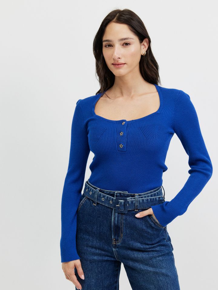 סריג מחשוף כפתורים PROMO בצבע כחול רויאל