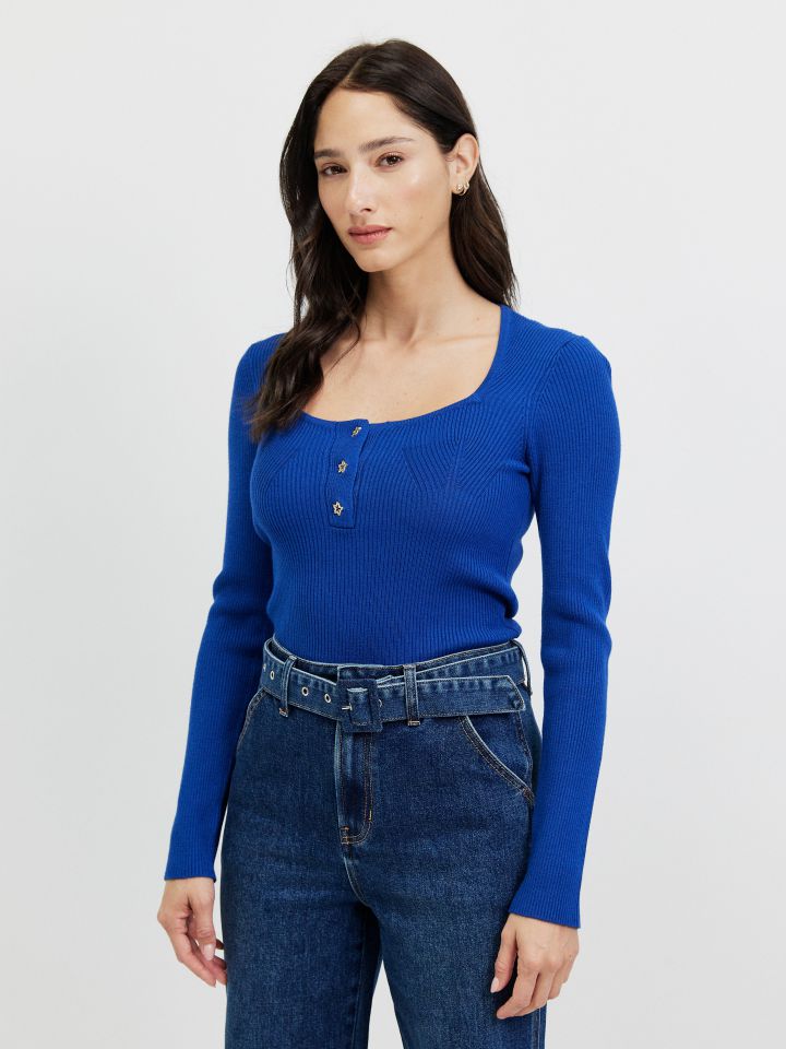 סריג מחשוף כפתורים PROMO בצבע כחול רויאל