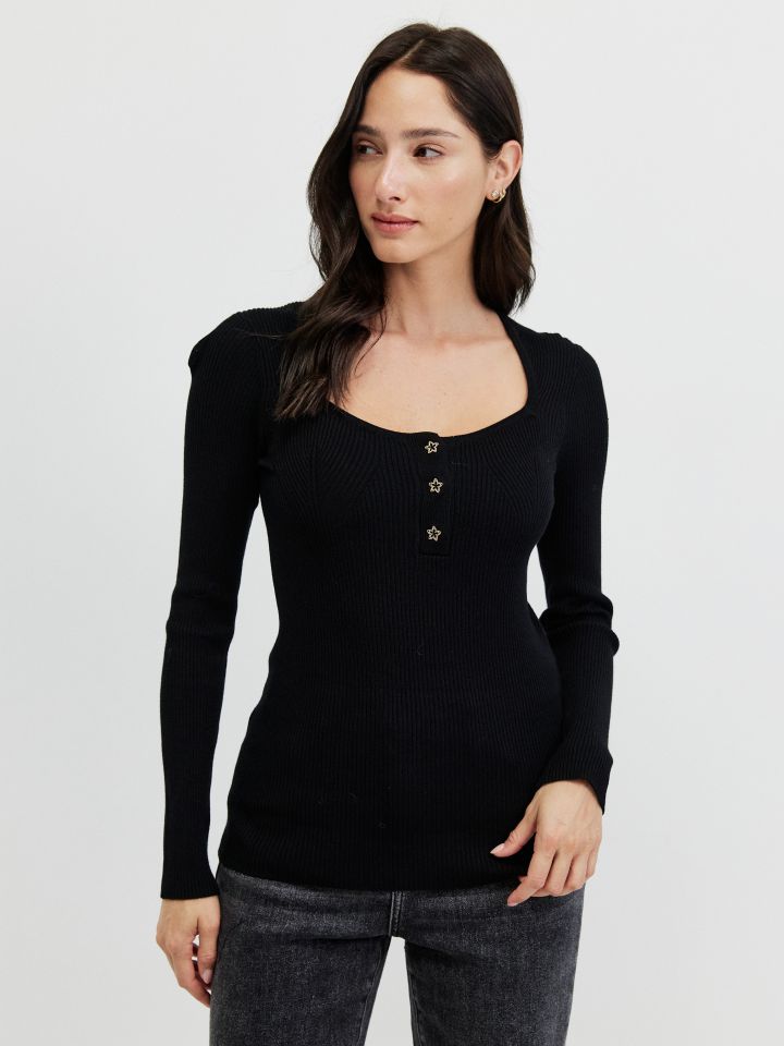 סריג מחשוף כפתורים PROMO בצבע שחור