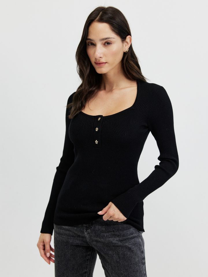 סריג מחשוף כפתורים PROMO בצבע שחור