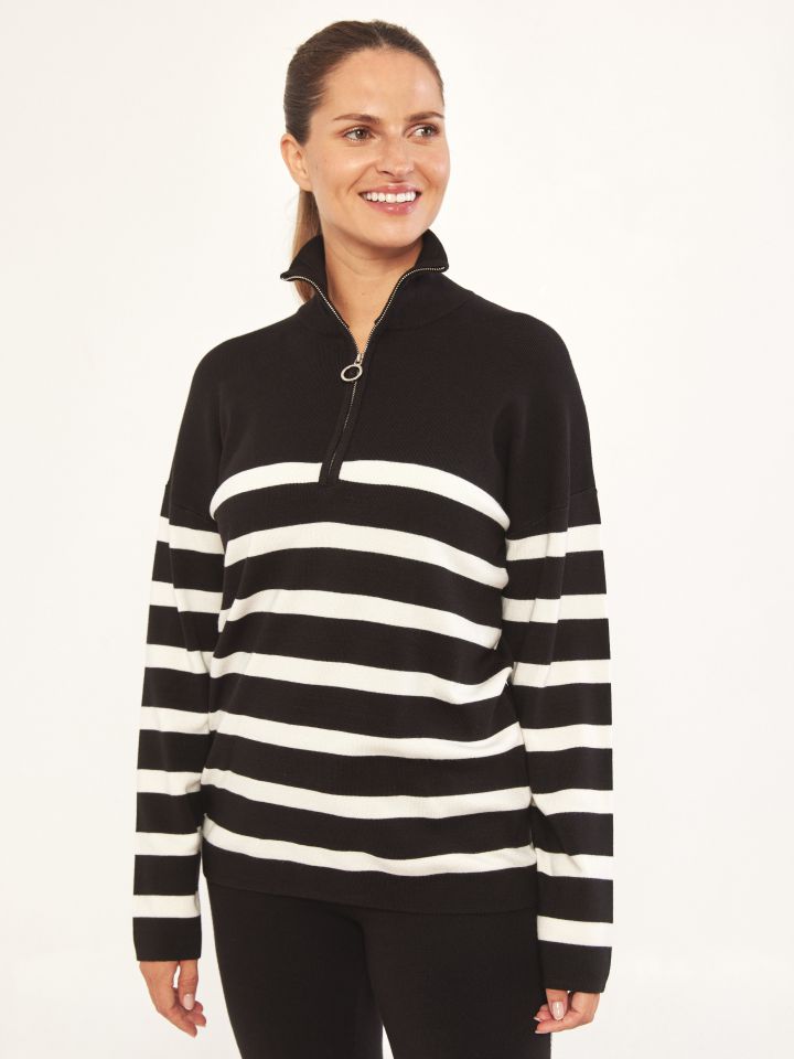 סריג פסים גולף רוכסן בצבע שחור