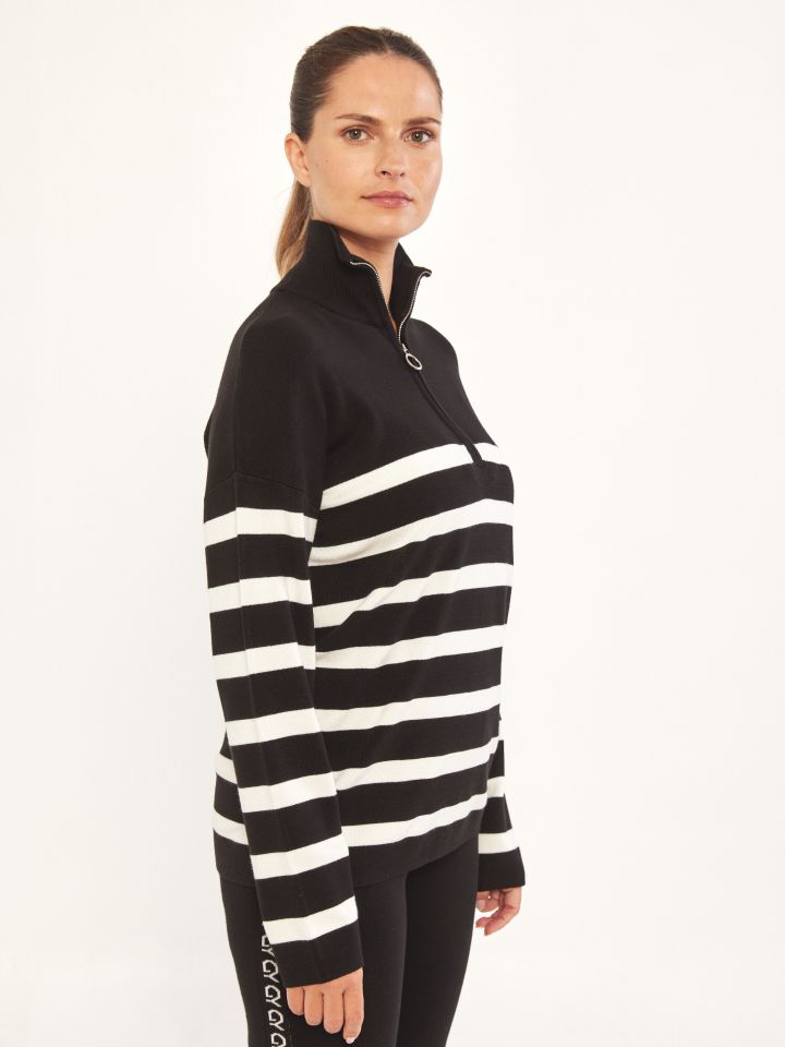 סריג פסים גולף רוכסן בצבע שחור