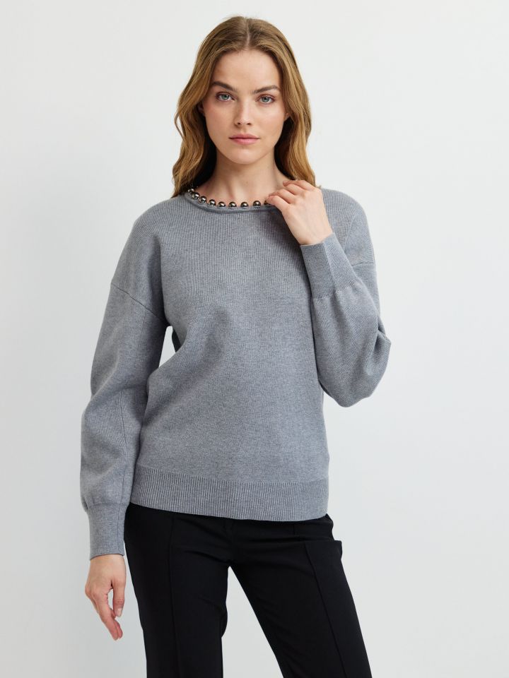 סריג פתח דמוי פנינים בצבע אפור כסף