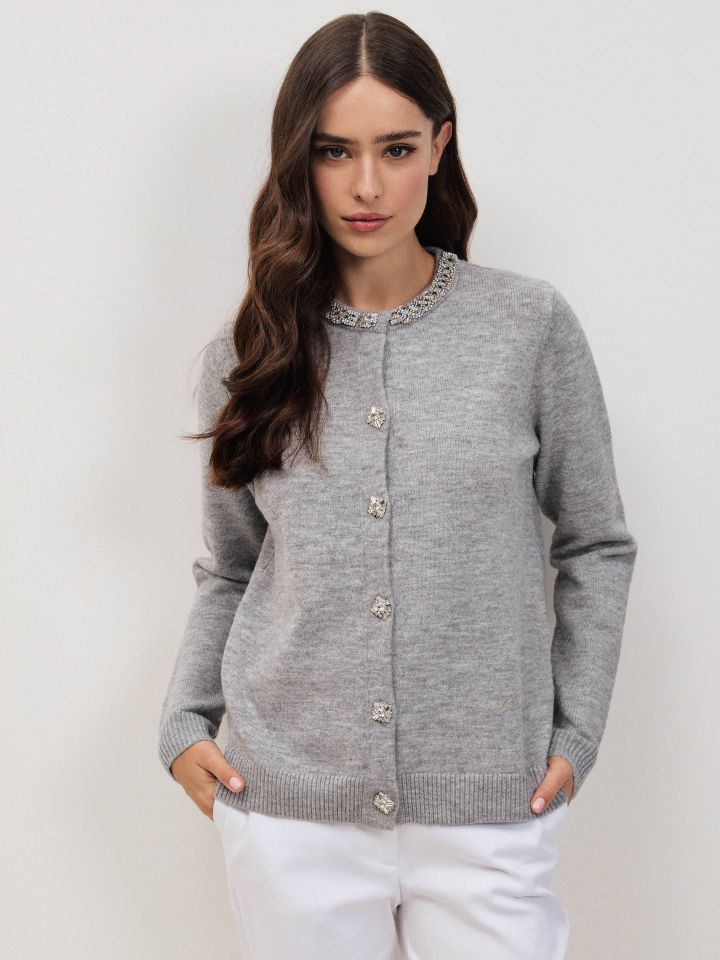 עליונית סריג שילוב דמוי יהלומים בצבע אפור כסף