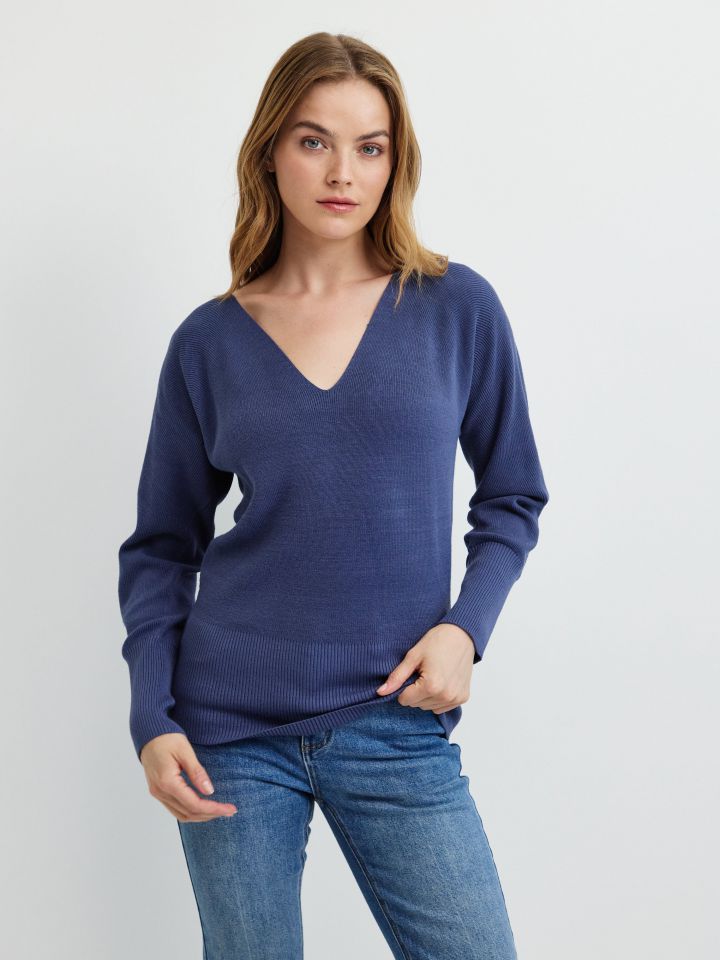 סריג V מנגטים רחבים PROMO בצבע כחול מעושן