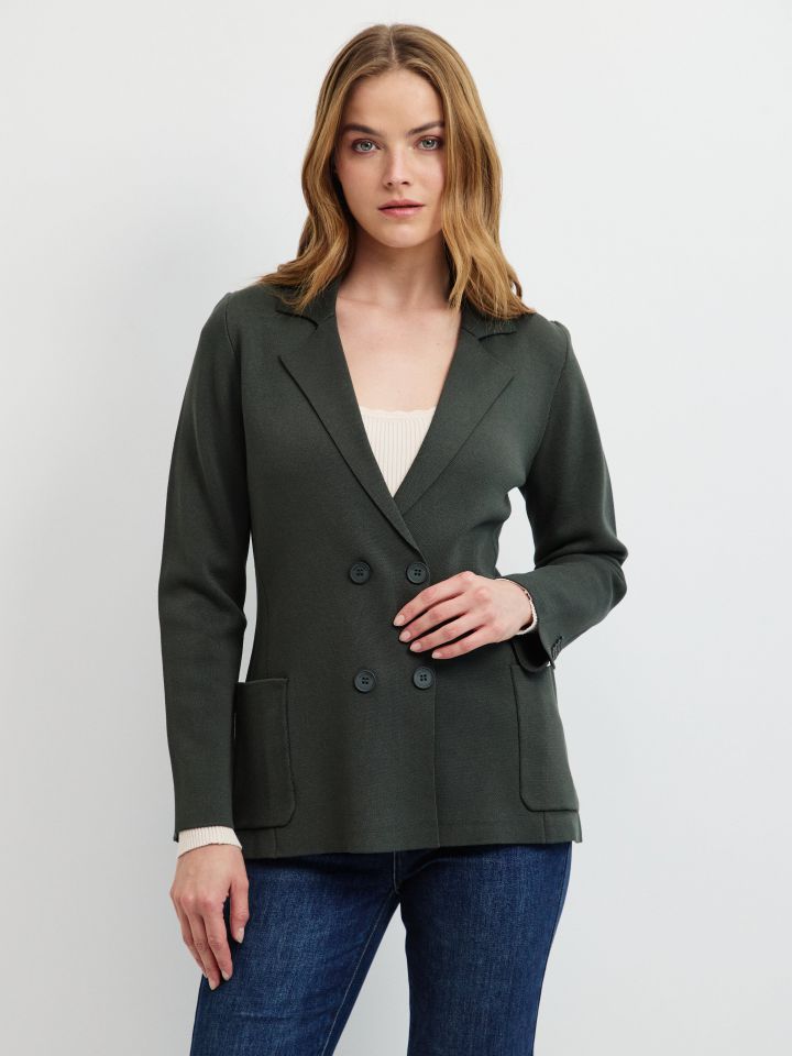 עליונית סריג כיסים בצבע ירוק כהה