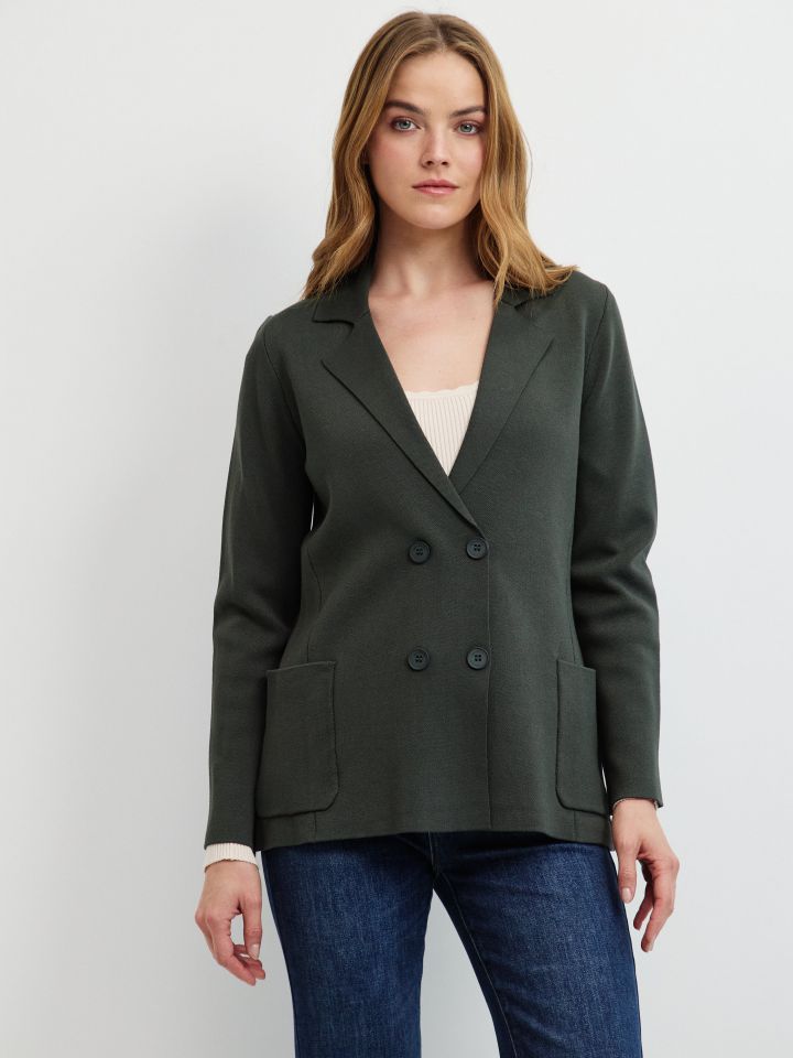 עליונית סריג כיסים בצבע ירוק כהה