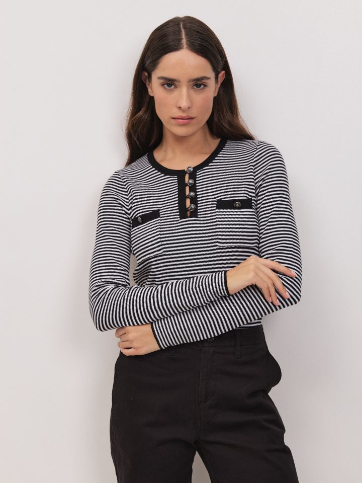 סריג פסים שינה כיסים בצבע שחור/אופוויט