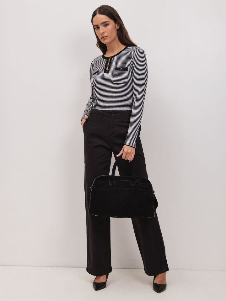 סריג פסים שינה כיסים בצבע שחור/אופוויט