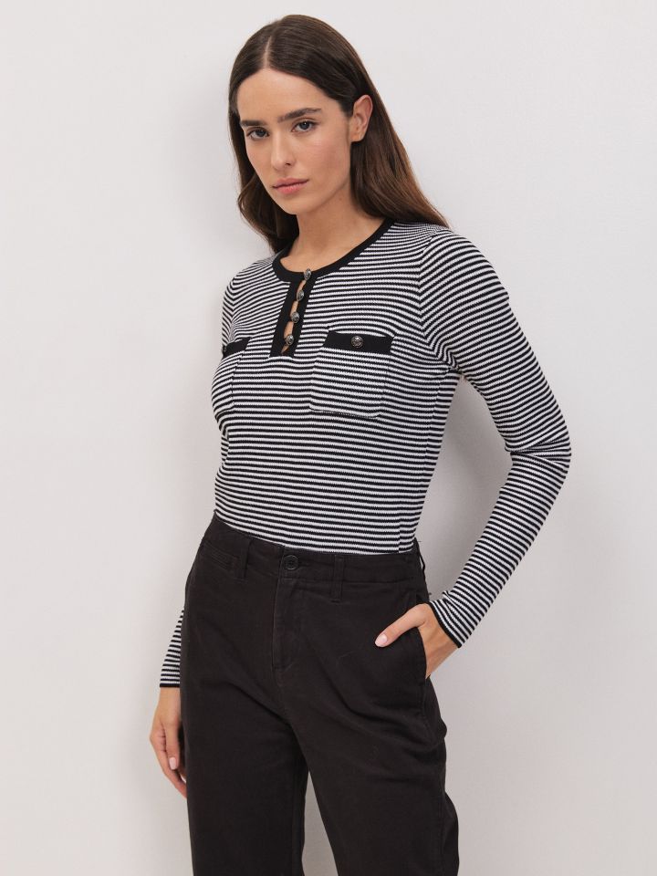 סריג פסים שינה כיסים בצבע שחור/אופוויט