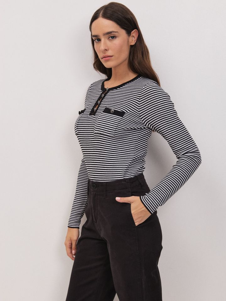 סריג פסים שינה כיסים בצבע שחור/אופוויט