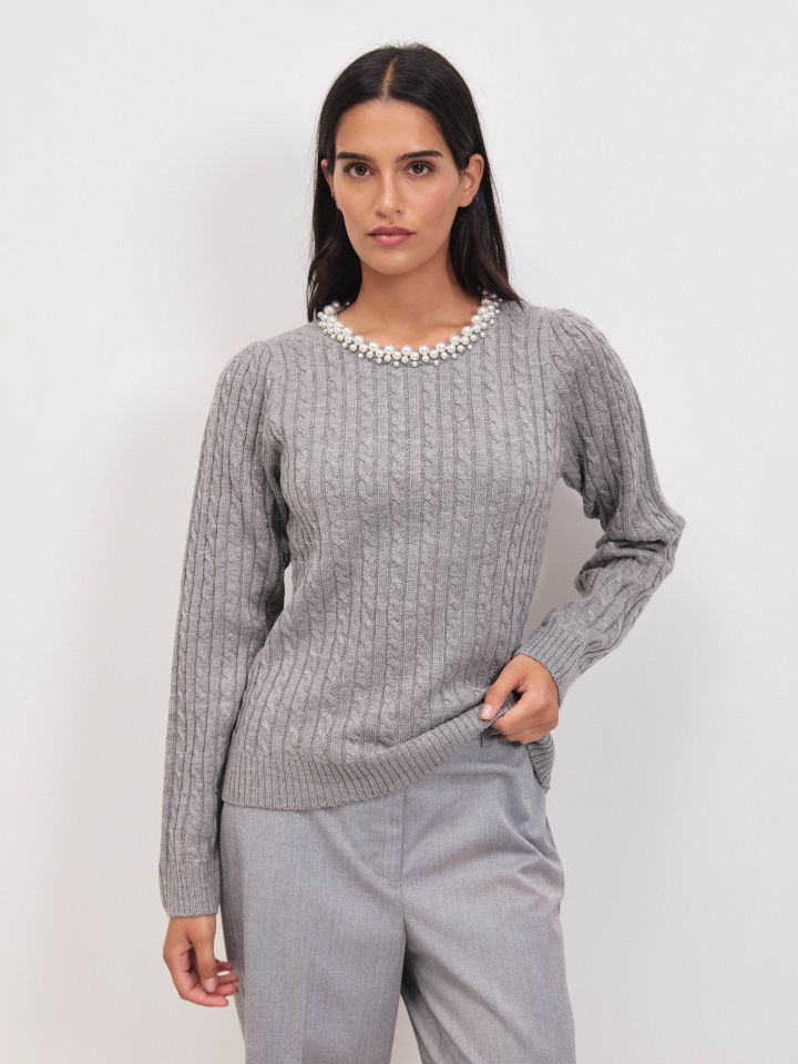 סריג פתח דמוי פנינים בצבע אפור כסף