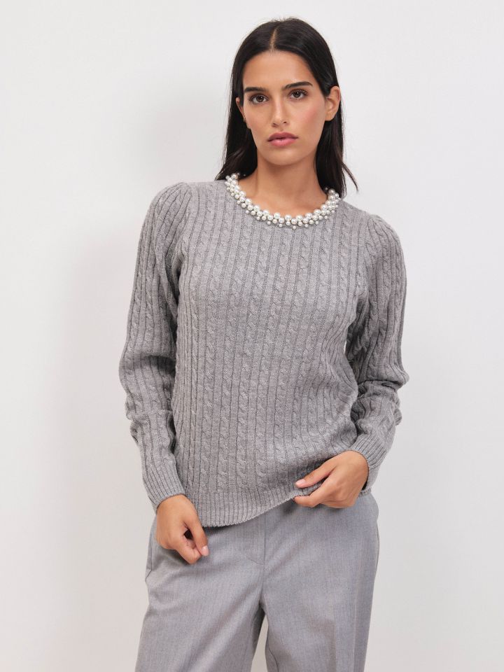 סריג פתח דמוי פנינים בצבע אפור כסף