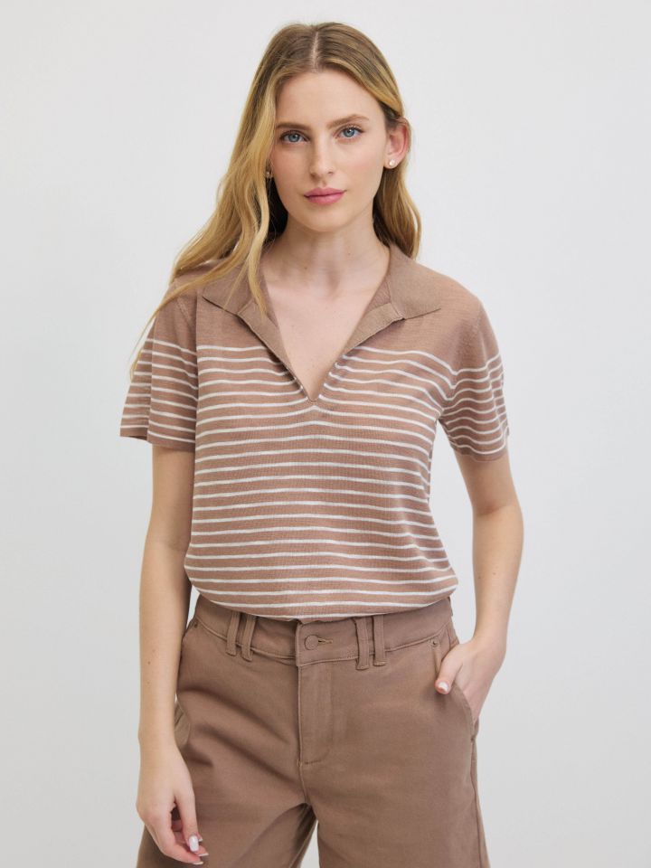 סריג פסים צוארון בצבע מוקה