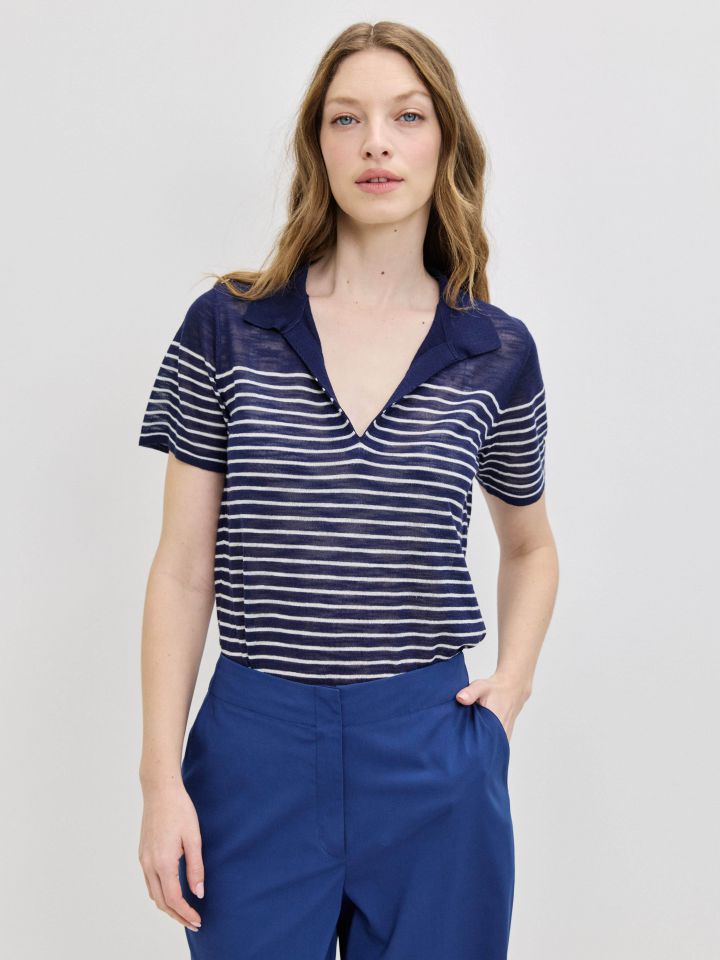 סריג פסים צוארון בצבע נייבי