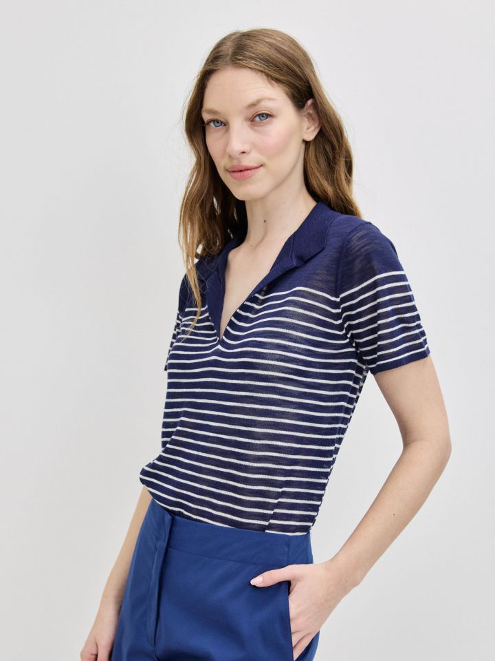 סריג פסים צוארון בצבע נייבי