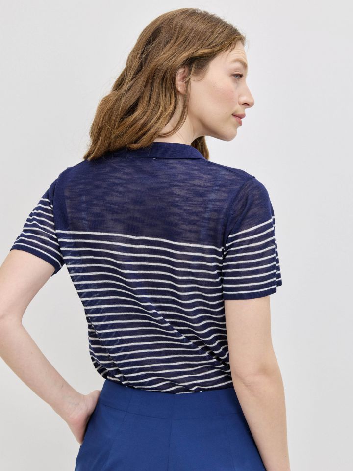 סריג פסים צוארון בצבע נייבי