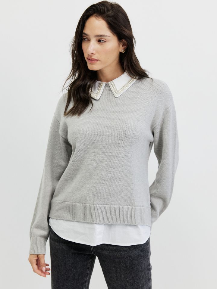 סריג שילוב חולצה ודמוי פנינים בצבע אפור כסף