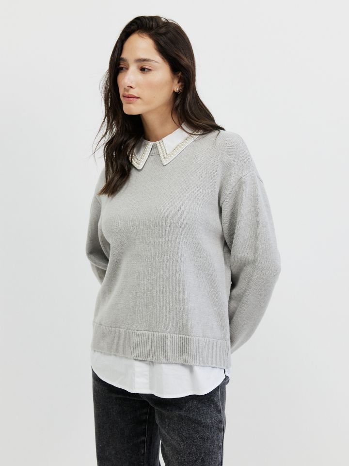 סריג שילוב חולצה ודמוי פנינים בצבע אפור כסף