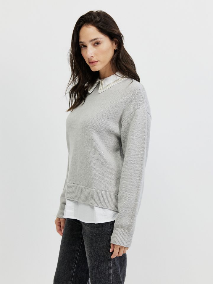 סריג שילוב חולצה ודמוי פנינים בצבע אפור כסף