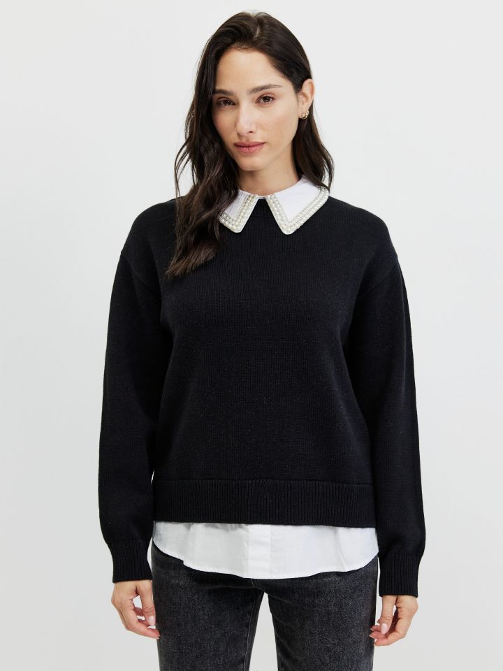 סריג שילוב חולצה ודמוי פנינים בצבע שחור