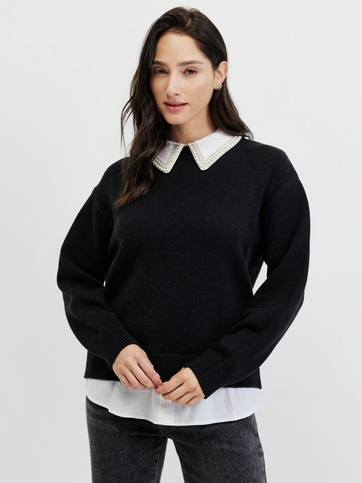 סריג שילוב חולצה ודמוי פנינים בצבע שחור