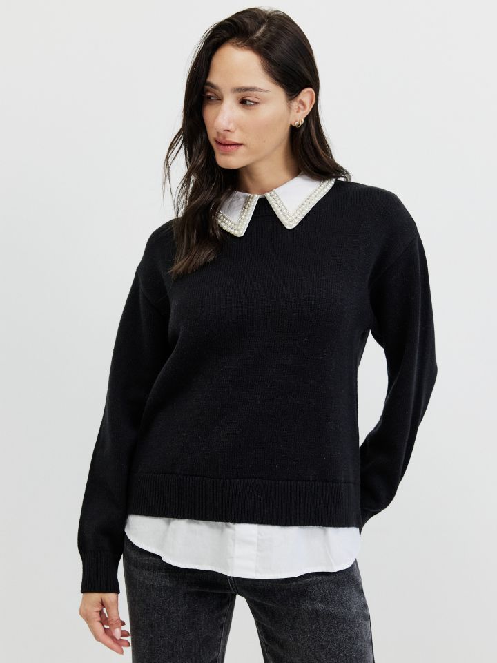 סריג שילוב חולצה ודמוי פנינים בצבע שחור