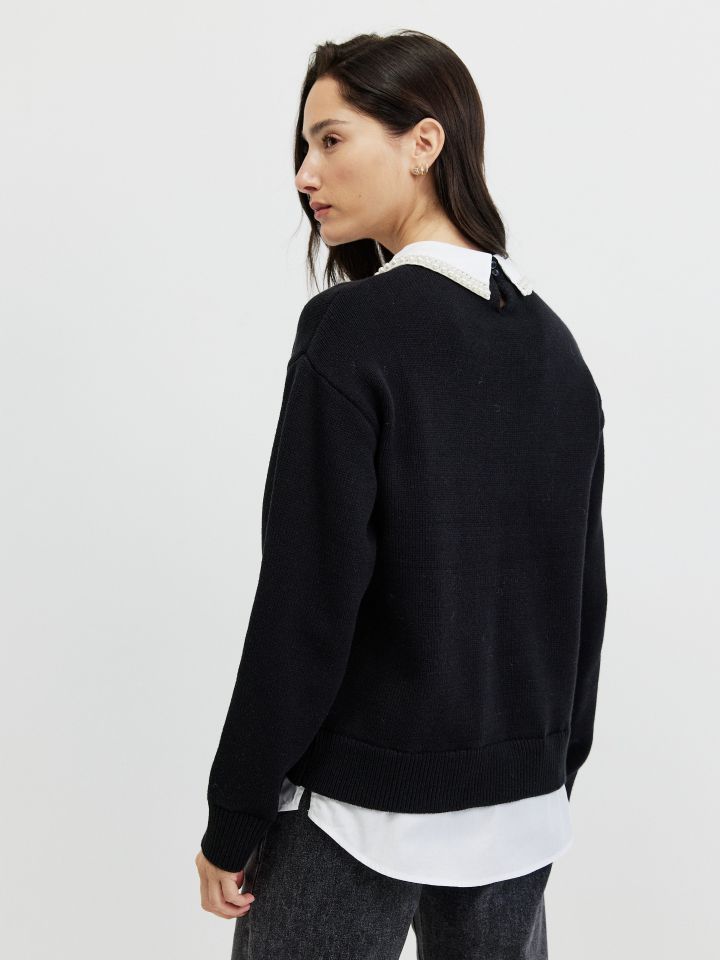 סריג שילוב חולצה ודמוי פנינים בצבע שחור