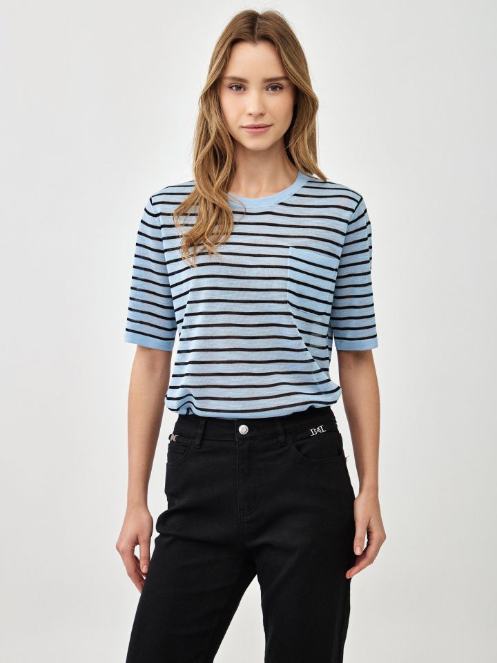 סריג פסים + כיס בצבע תכלת אורלי