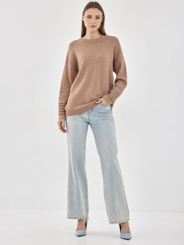 סריג חרוזים בשרוול בצבע מוקה