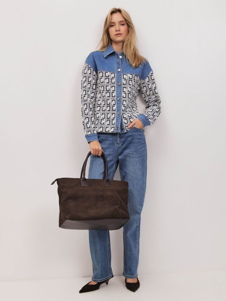 עליונית סריג שילוב ג’ינס בצבע ג’ינס בהיר