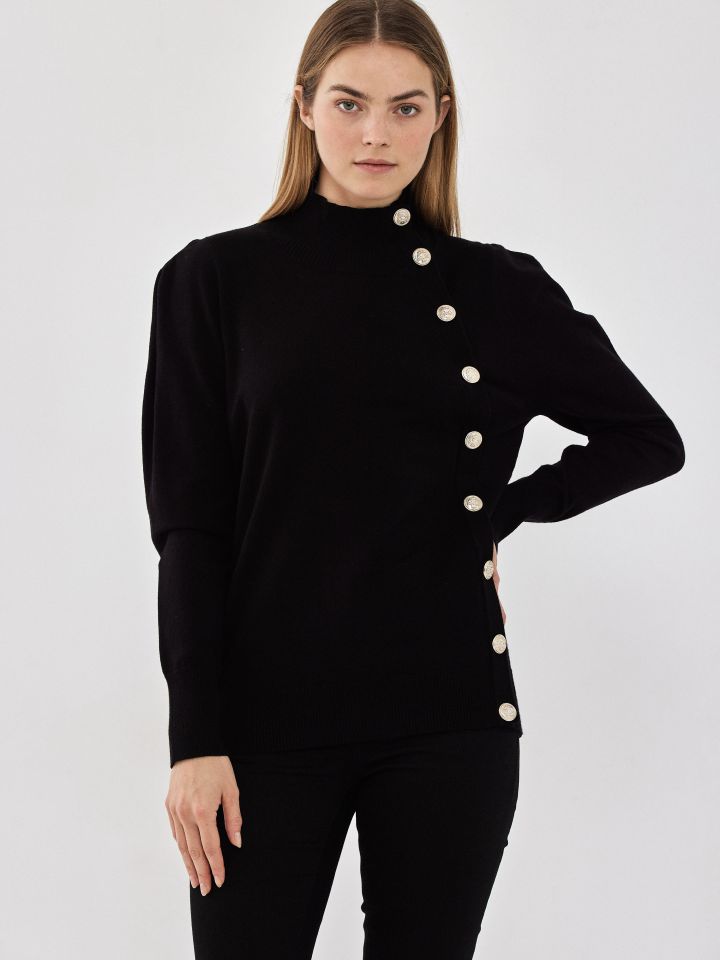 סריג חצי גולף כפתורים בצבע שחור