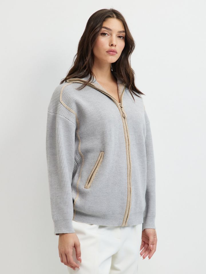 קרדיגן סריג צוארון בצבע אפור כסף