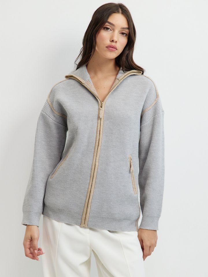 קרדיגן סריג צוארון בצבע אפור כסף