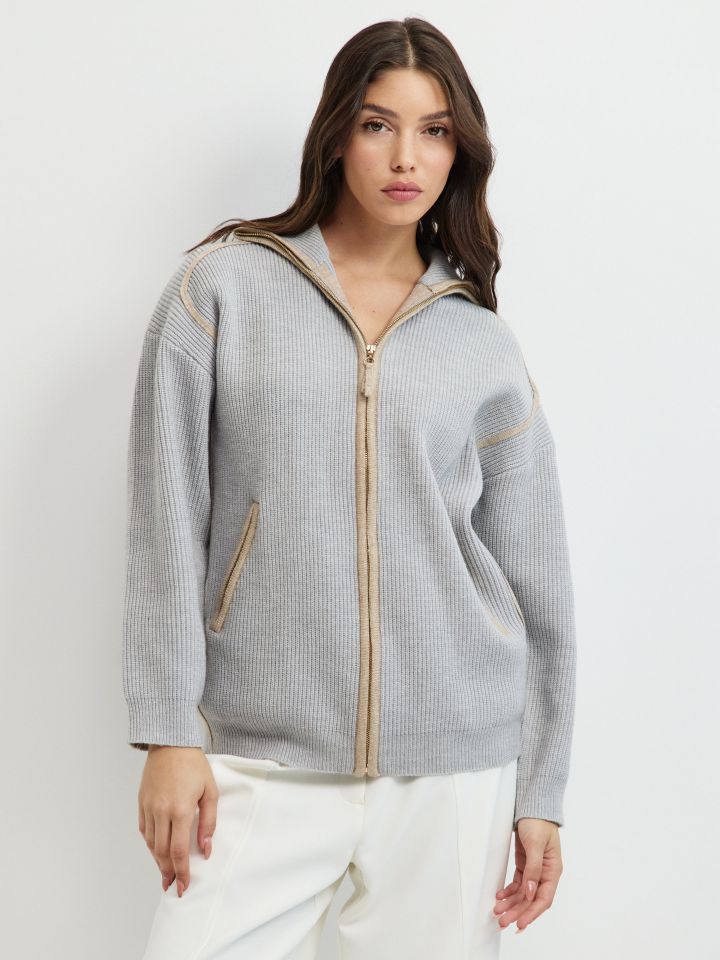 קרדיגן סריג צוארון בצבע אפור כסף