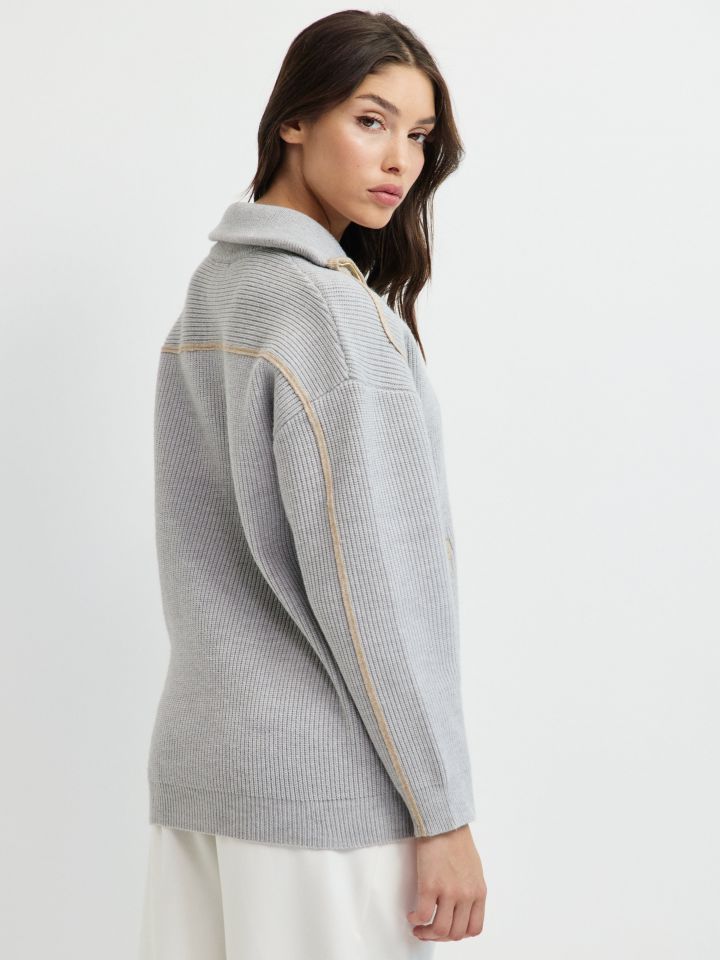 קרדיגן סריג צוארון בצבע אפור כסף