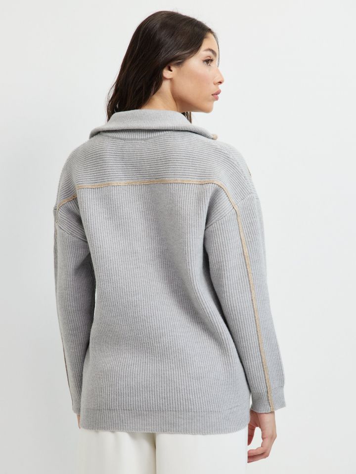 קרדיגן סריג צוארון בצבע אפור כסף